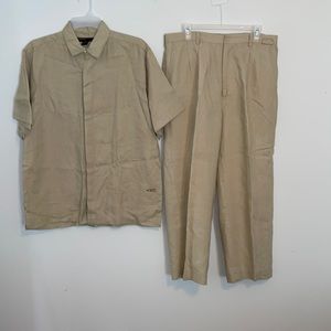 Vintage 90s PellePelle Marc Buchanan 100% Linen Tan Camp Short Sleeve Shirt/Pant